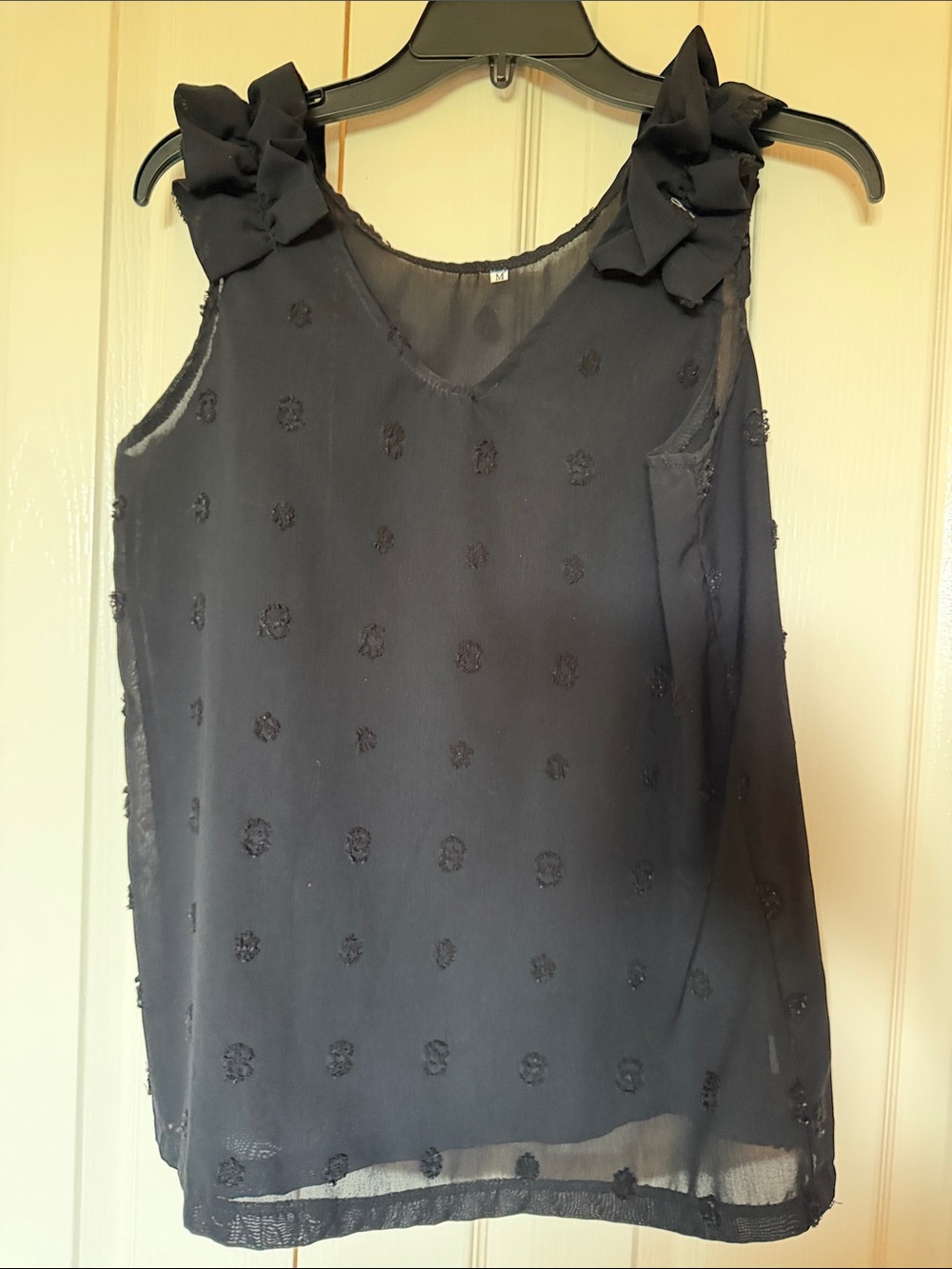 Sleeveless Black Ruffle-Shoulder Sheer Top